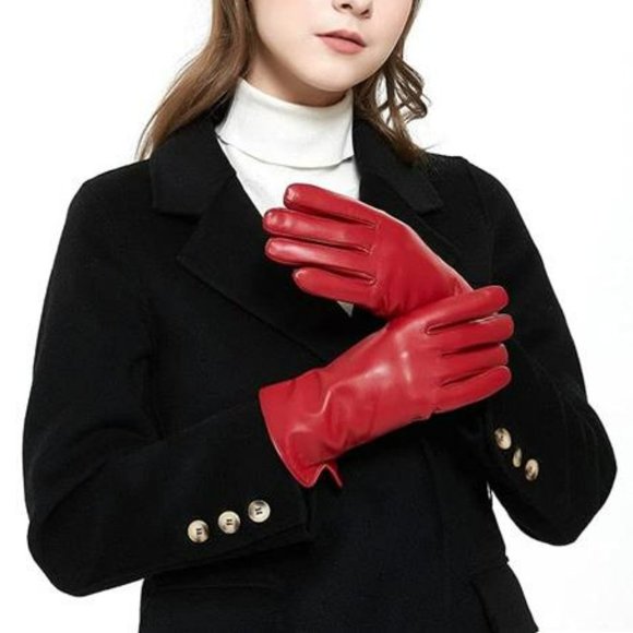 Luxury Red Genuine Lambskin Leather Gloves Cashmere lining - Picture 3 of 6
